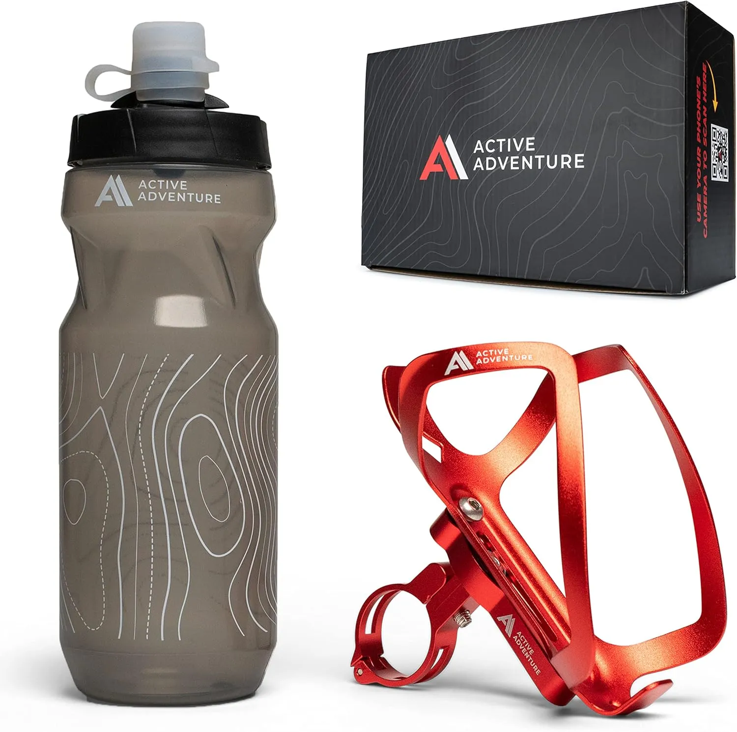 Bike Water Bottle Holder Combo - 20 Oz Squeeze Bottle & Bicycle Mount Cage Rack, No Screws Needed, Durable Alloy - Fits All Handlebar Bikes & MTB Mountain Road - for Adults, Kids (Red)