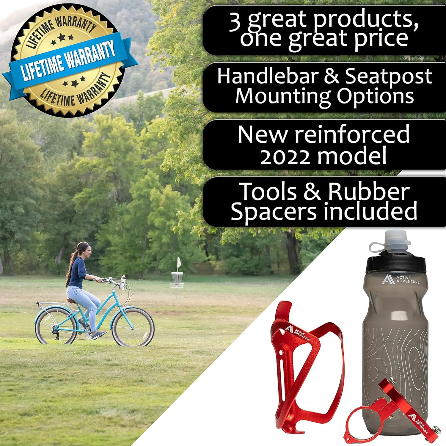 Bike Water Bottle Holder Combo - 20 Oz Squeeze Bottle & Bicycle Mount Cage Rack, No Screws Needed, Durable Alloy - Fits All Handlebar Bikes & MTB Mountain Road - for Adults, Kids (Red)