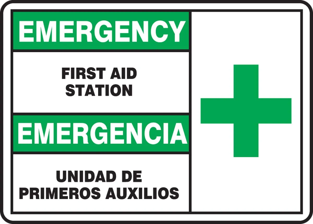 Bilingual Emergency Safety Sign: First Aid Station, Aluma-Lite, 10" x 14"