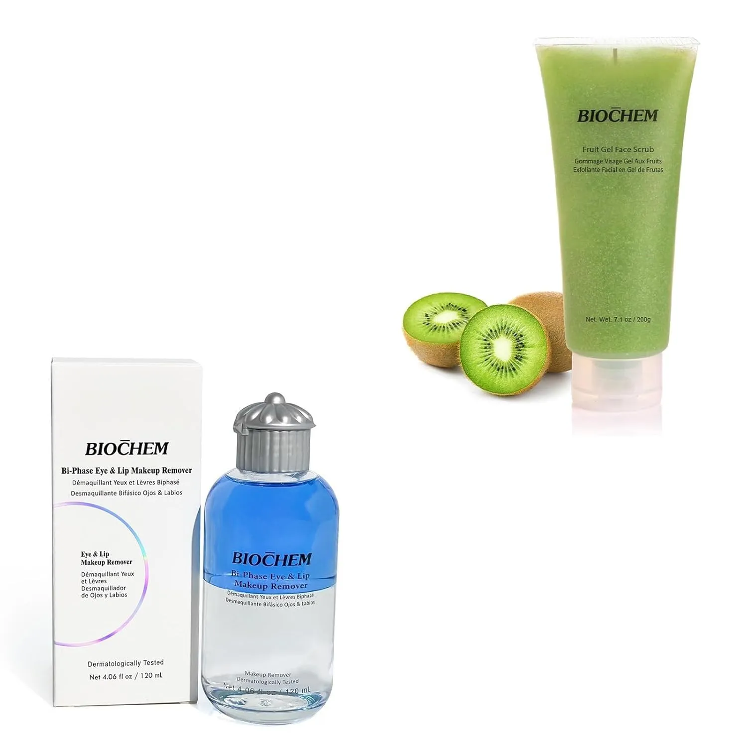 BIOCHEM Deep Cleansing Set – Waterproof Eye & Lip Makeup Remover for Mascara and Heavy Makeup   Exfoliating Face Scrub with Fruit Enzymes, Facial Cleanser Kit for Pores and Blackheads