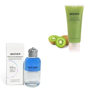 BIOCHEM Deep Cleansing Set – Waterproof Eye & Lip Makeup Remover for Mascara and Heavy Makeup   Exfoliating Face Scrub with Fruit Enzymes, Facial Cleanser Kit for Pores and Blackheads