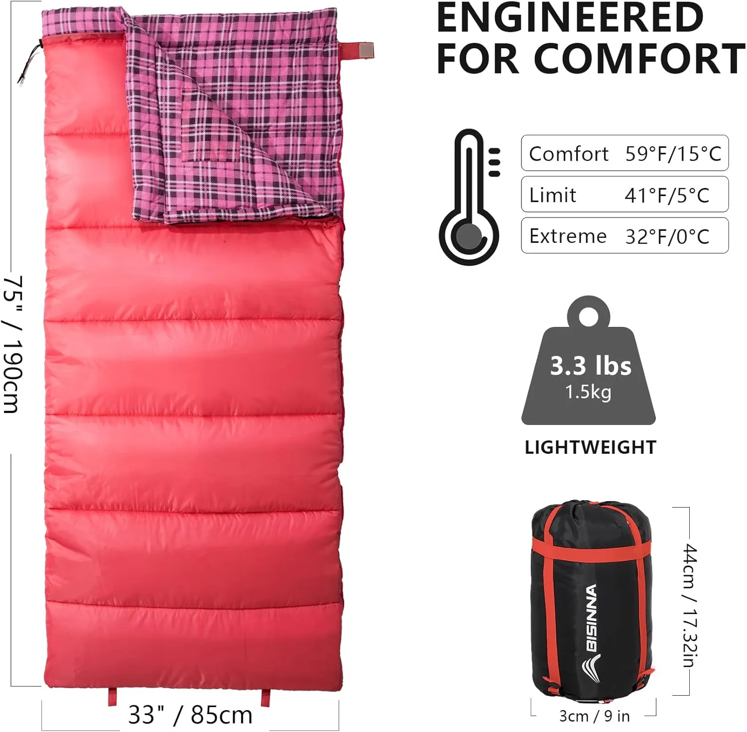 BISINNA Cotton Flannel Sleeping Bag for Adults Backpacking Camping Sleeping Bag 3 Season Envelope Sleeping Bags for Hiking