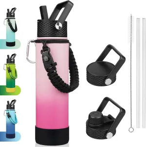 BJPKPK 27oz Insulated Water Bottles with 3 Lids, Paracord Handle & Non-slip Boot, Stainless Steel Metal Water Bottle with Straw, BPA Free Leak Proof Thermos, Tumblers,Cherry
