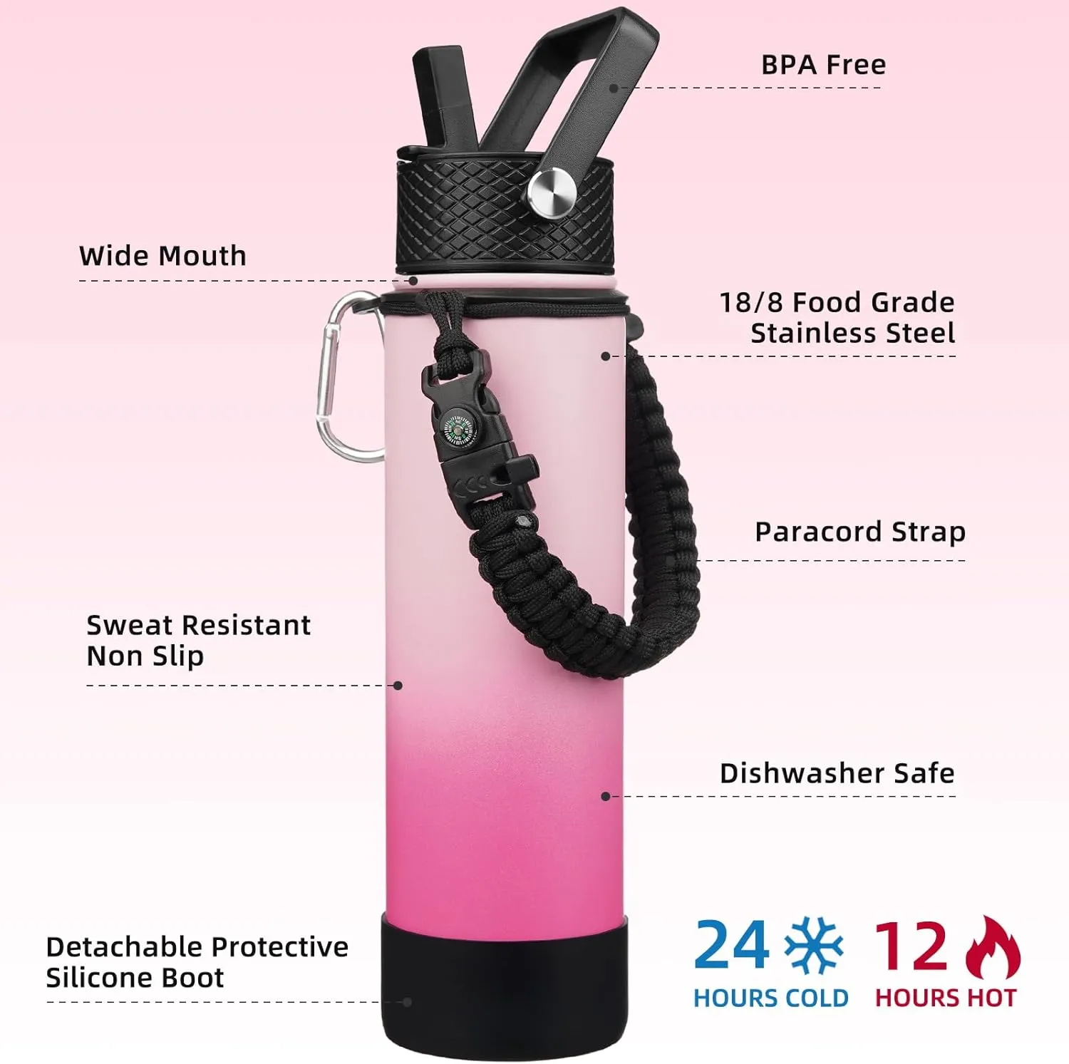 BJPKPK 27oz Insulated Water Bottles with 3 Lids, Paracord Handle & Non-slip Boot, Stainless Steel Metal Water Bottle with Straw, BPA Free Leak Proof Thermos, Tumblers,Cherry