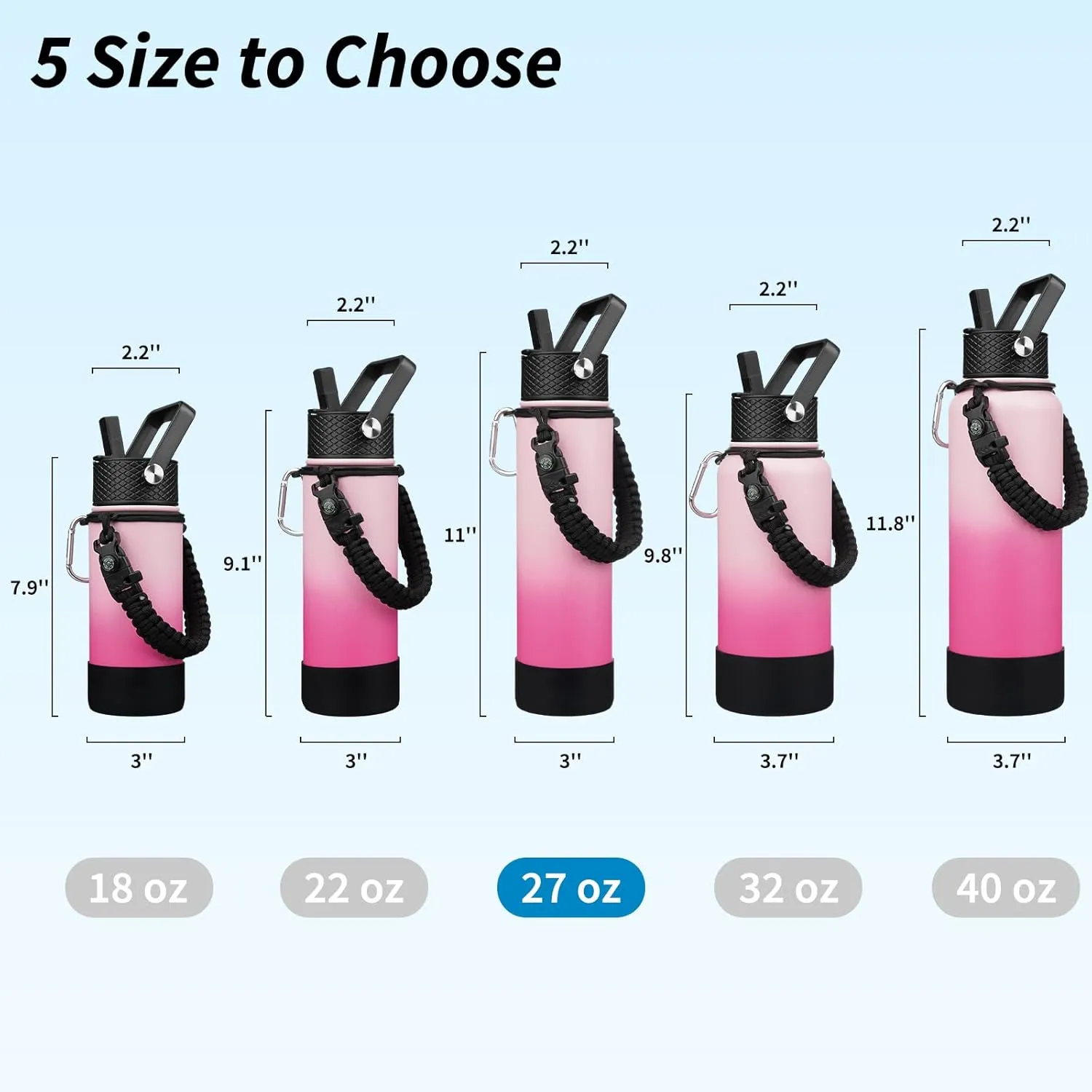 BJPKPK 27oz Insulated Water Bottles with 3 Lids, Paracord Handle & Non-slip Boot, Stainless Steel Metal Water Bottle with Straw, BPA Free Leak Proof Thermos, Tumblers,Cherry