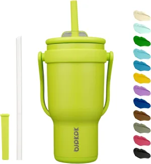 BJPKPK 30 OZ Insulated Travel Tumbler with Handle and Straw, Stainless Steel Water Bottle, Double Wall Vacuum Insulated Mug, for Work, Car, Travel, Bright Green