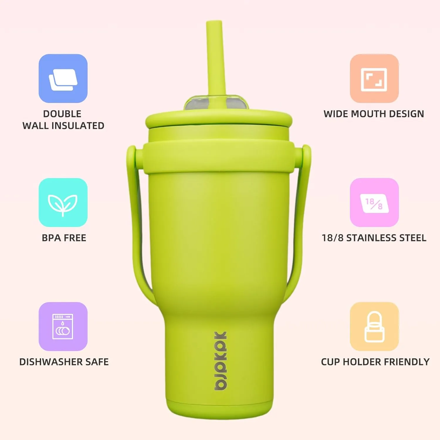 BJPKPK 30 OZ Insulated Travel Tumbler with Handle and Straw, Stainless Steel Water Bottle, Double Wall Vacuum Insulated Mug, for Work, Car, Travel, Bright Green