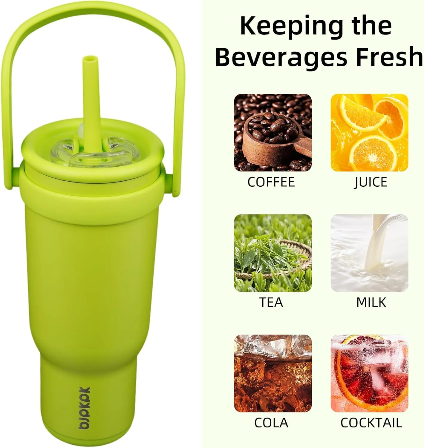 BJPKPK 30 OZ Insulated Travel Tumbler with Handle and Straw, Stainless Steel Water Bottle, Double Wall Vacuum Insulated Mug, for Work, Car, Travel, Bright Green