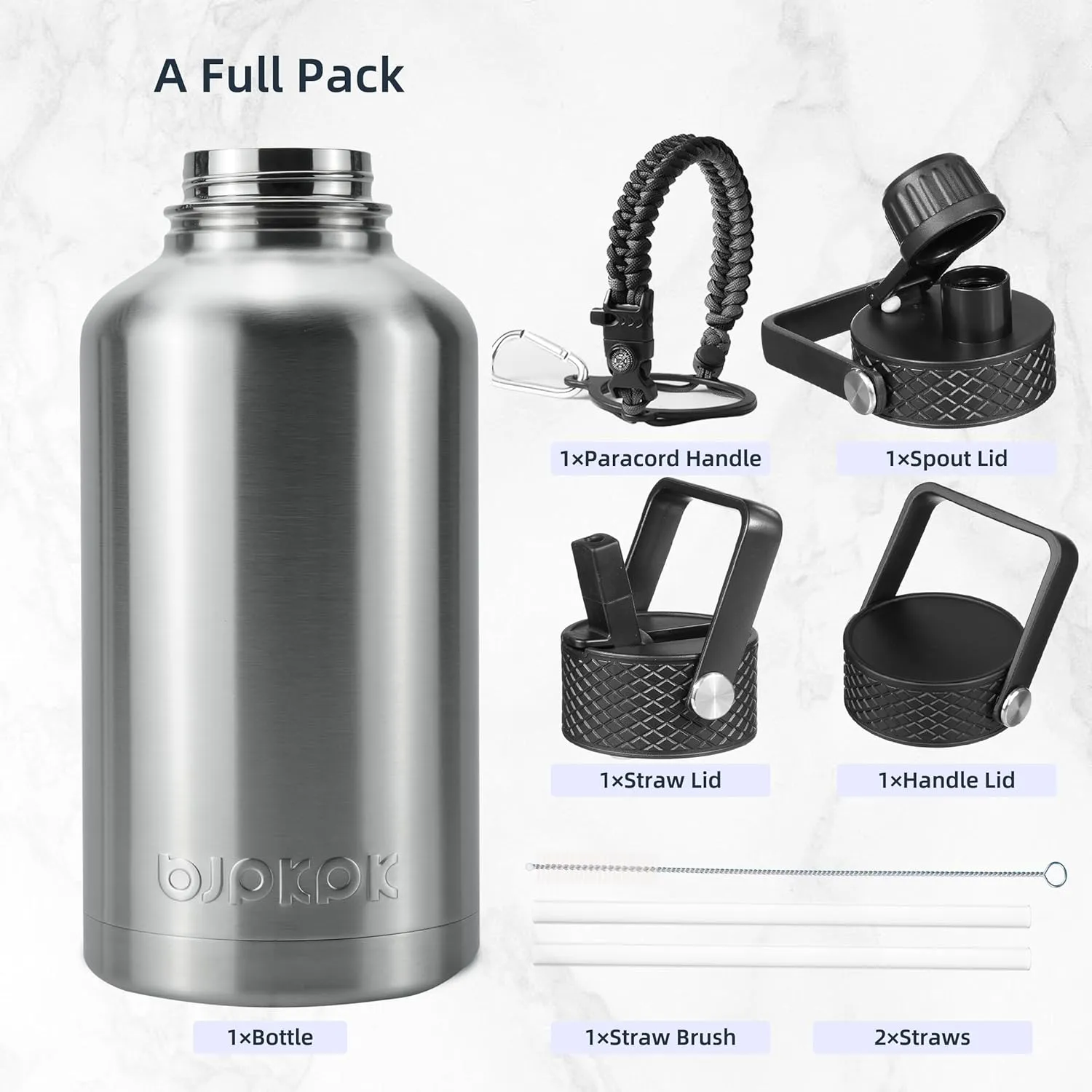 BJPKPK Half Gallon Insulated Water Bottles with Straw Lid, 64oz Large Water Jug, Stainless Steel Bottles with 3 Lids and Paracord Handle, Thermos for Hot & Cold Liquid, Stainless Steel