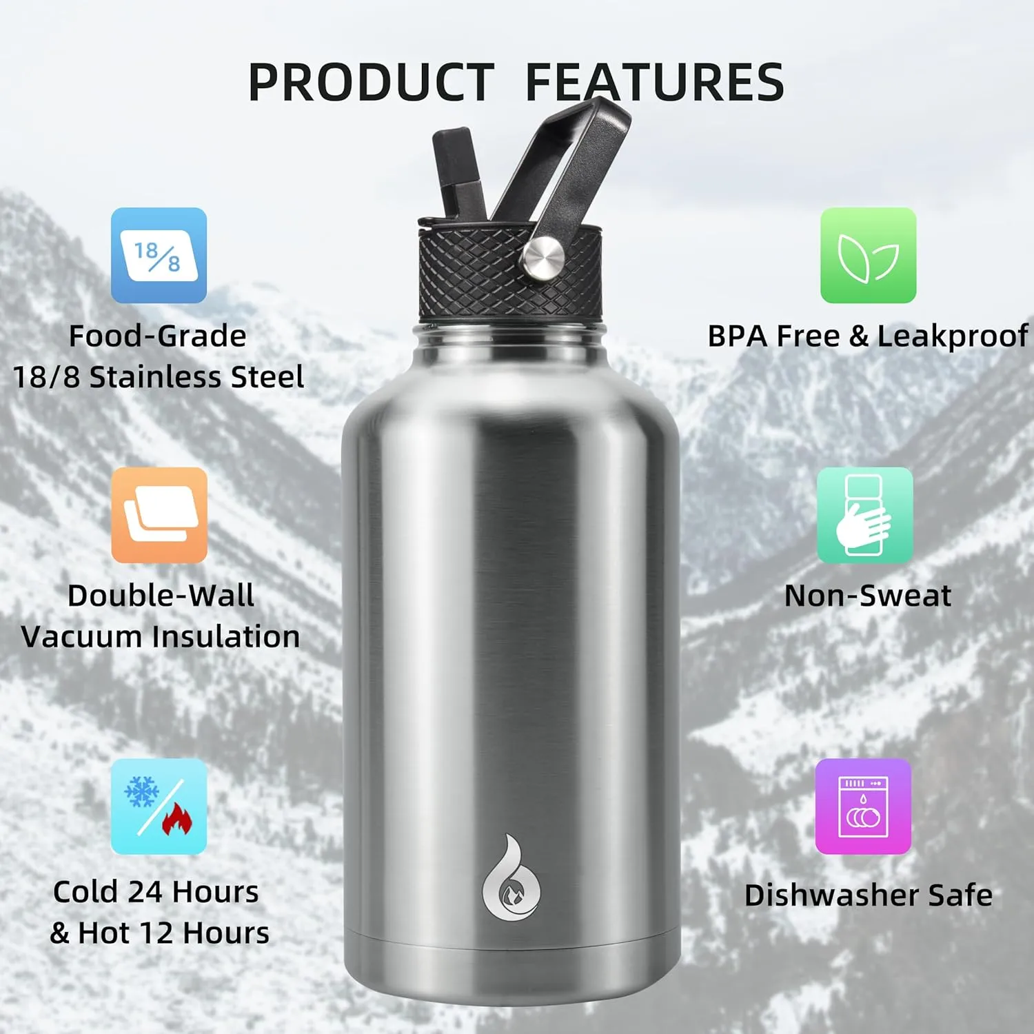 BJPKPK Half Gallon Insulated Water Bottles with Straw Lid, 64oz Large Water Jug, Stainless Steel Bottles with 3 Lids and Paracord Handle, Thermos for Hot & Cold Liquid, Stainless Steel