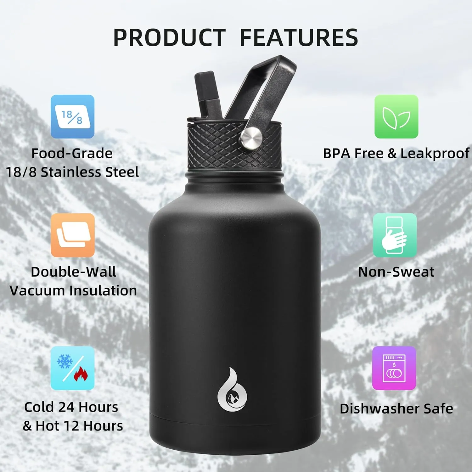 BJPKPK Insulated Water Bottles with Straw Lid, 50oz Large Water Jug, Stainless Steel Vacuum Bottles, Hot & Cold Thermos with 3 Lids and Paracord Handle, Black