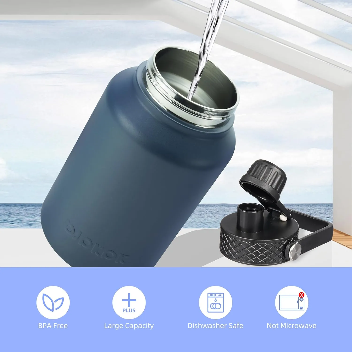 BJPKPK Insulated Water Bottles with Straw Lid, 50oz Large Water Jug, Stainless Steel Vacuum Bottles, Hot & Cold Thermos with 3 Lids and Paracord Handle, Black