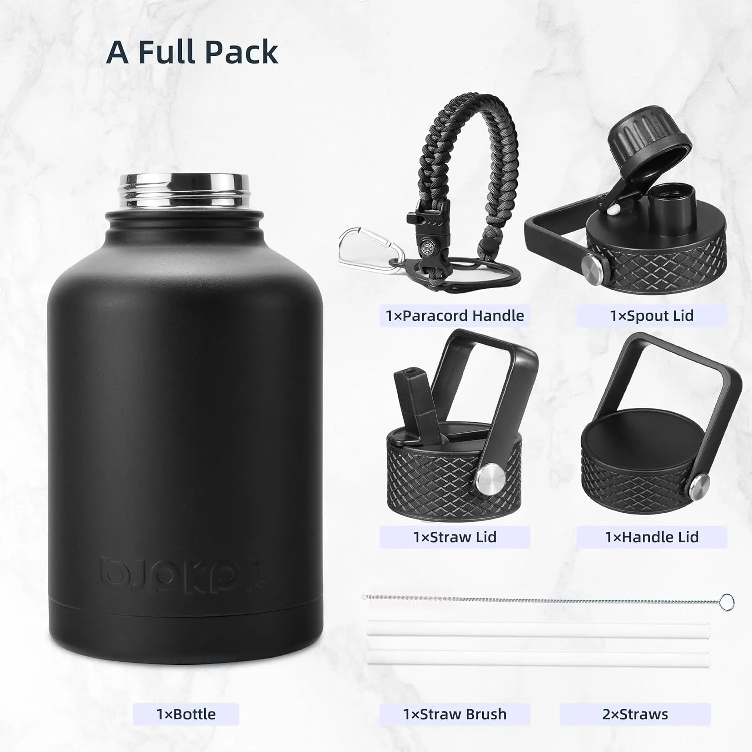 BJPKPK Insulated Water Bottles with Straw Lid, 50oz Large Water Jug, Stainless Steel Vacuum Bottles, Hot & Cold Thermos with 3 Lids and Paracord Handle, Black