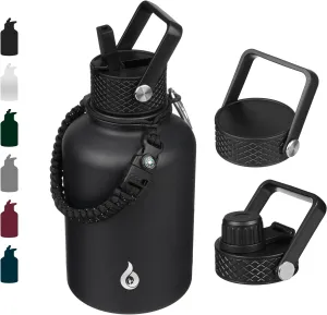 BJPKPK Insulated Water Bottles with Straw Lid, 50oz Large Water Jug, Stainless Steel Vacuum Bottles, Hot & Cold Thermos with 3 Lids and Paracord Handle, Black