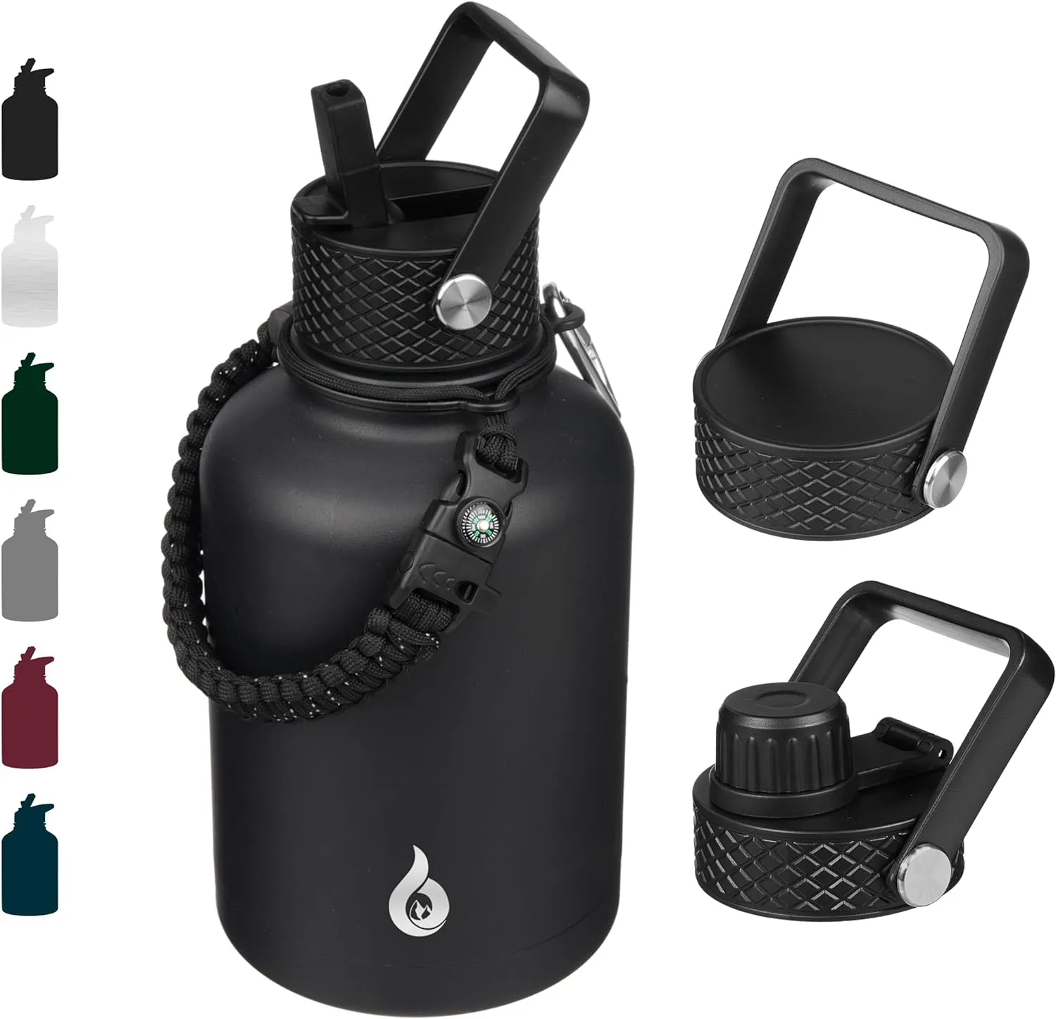 BJPKPK Insulated Water Bottles with Straw Lid, 50oz Large Water Jug, Stainless Steel Vacuum Bottles, Hot & Cold Thermos with 3 Lids and Paracord Handle, Black
