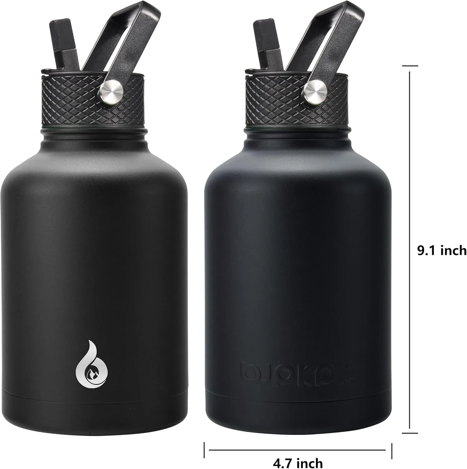 BJPKPK Insulated Water Bottles with Straw Lid, 50oz Large Water Jug, Stainless Steel Vacuum Bottles, Hot & Cold Thermos with 3 Lids and Paracord Handle, Black
