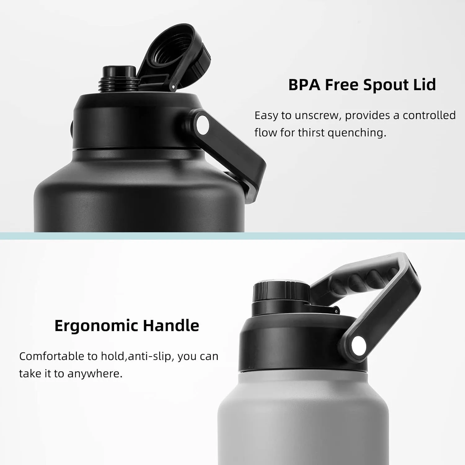BJPKPK One Gallon(128 oz) Insulated Water Bottle, Dishwasher Safe Stainless Steel Thermos, BPA Free Jug with Ergonomic Handle & Anti-slip Bottom, Large Water Bottle, Black