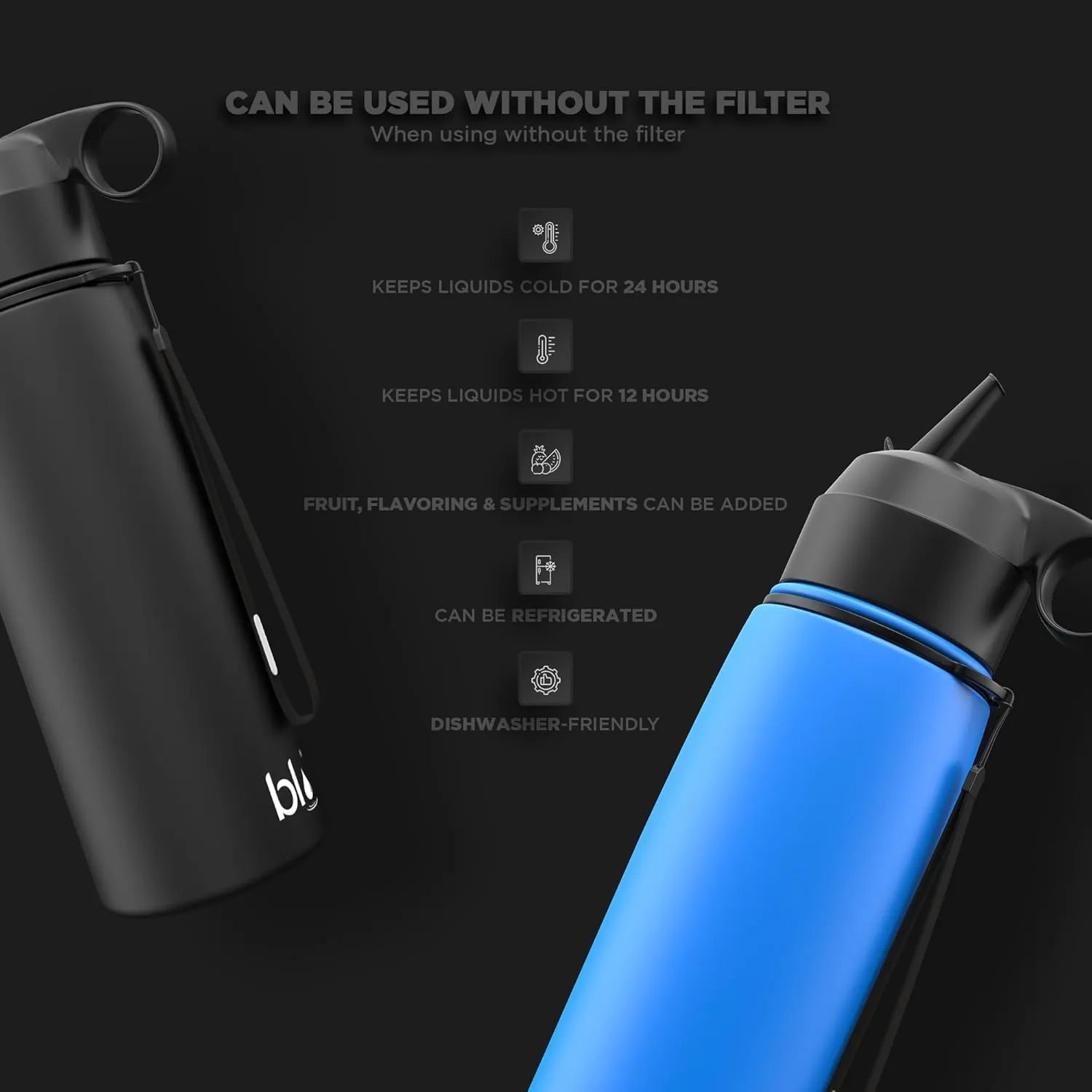 BLU All-in-ONE | Water Filter Bottle Flask | Vacuum Insulated Stainless Steel Bottle Flask | Portable Water Filter Purifier Bottle (26oz) | Made in USA | Removes 99.99% Contaminants (Regular Filter)
