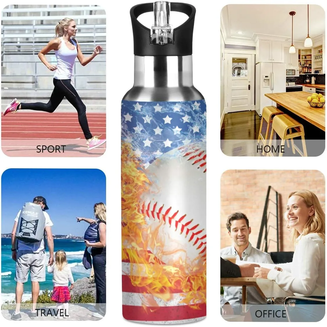 Blue Baseball US Flag Water Bottle with Straw Lid Boys Insulated Stainless Steel Water Flask Sports, 20 Oz Hot Cold