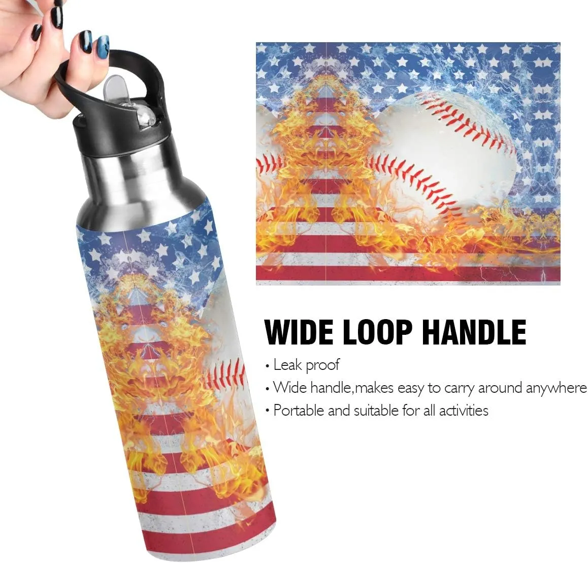 Blue Baseball US Flag Water Bottle with Straw Lid Boys Insulated Stainless Steel Water Flask Sports, 20 Oz Hot Cold