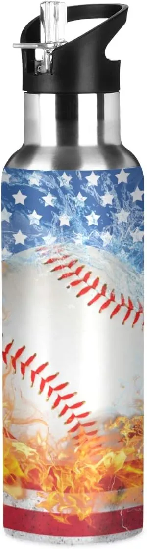 Blue Baseball US Flag Water Bottle with Straw Lid Boys Insulated Stainless Steel Water Flask Sports, 20 Oz Hot Cold