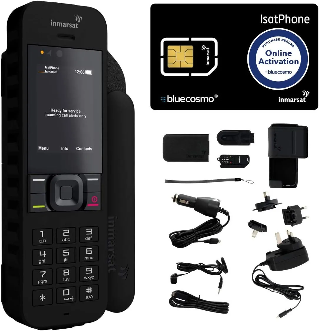 BlueCosmo Inmarsat IsatPhone 2.1 Satellite Phone Kit (SIM Included), unlocked - Global Coverage - Voice, SMS, GPS Tracking, Emergency SOS - Prepaid and Monthly Service Plan Options