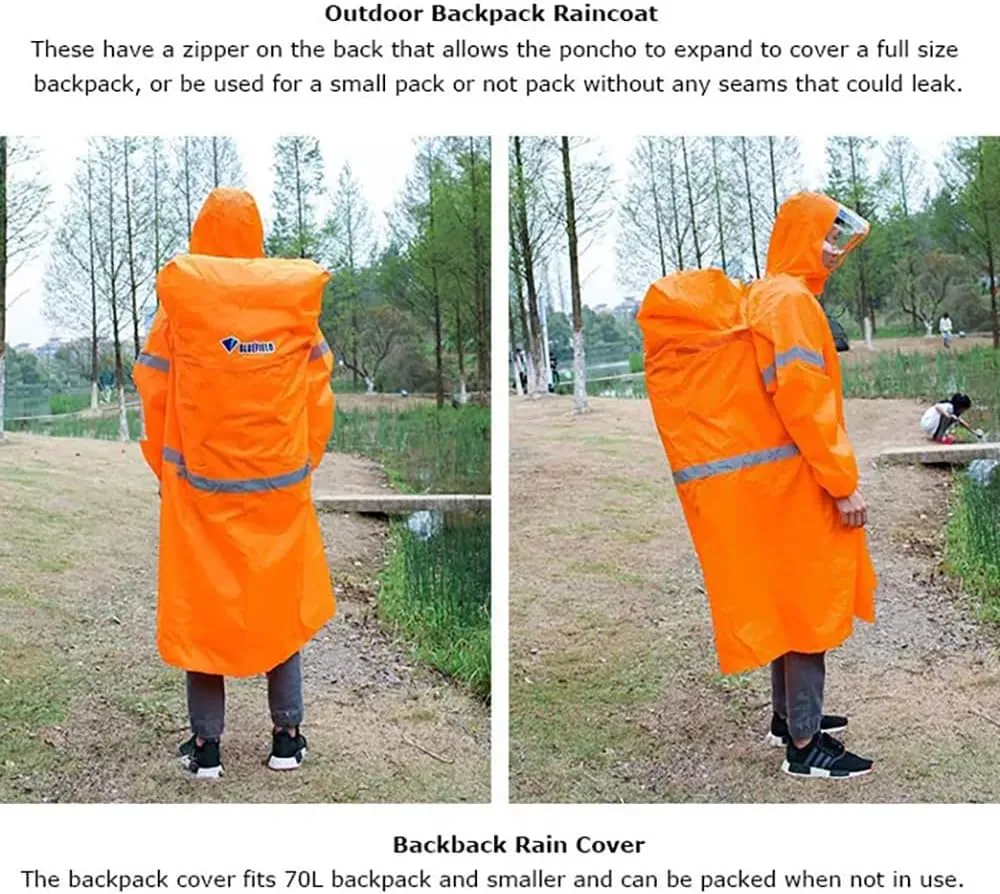 BlueField Unisex Reflective Outdoor Backpack Raincoat Rain Cover One-piece Rain Poncho Cape Jacket for Hiking Camping Cycling