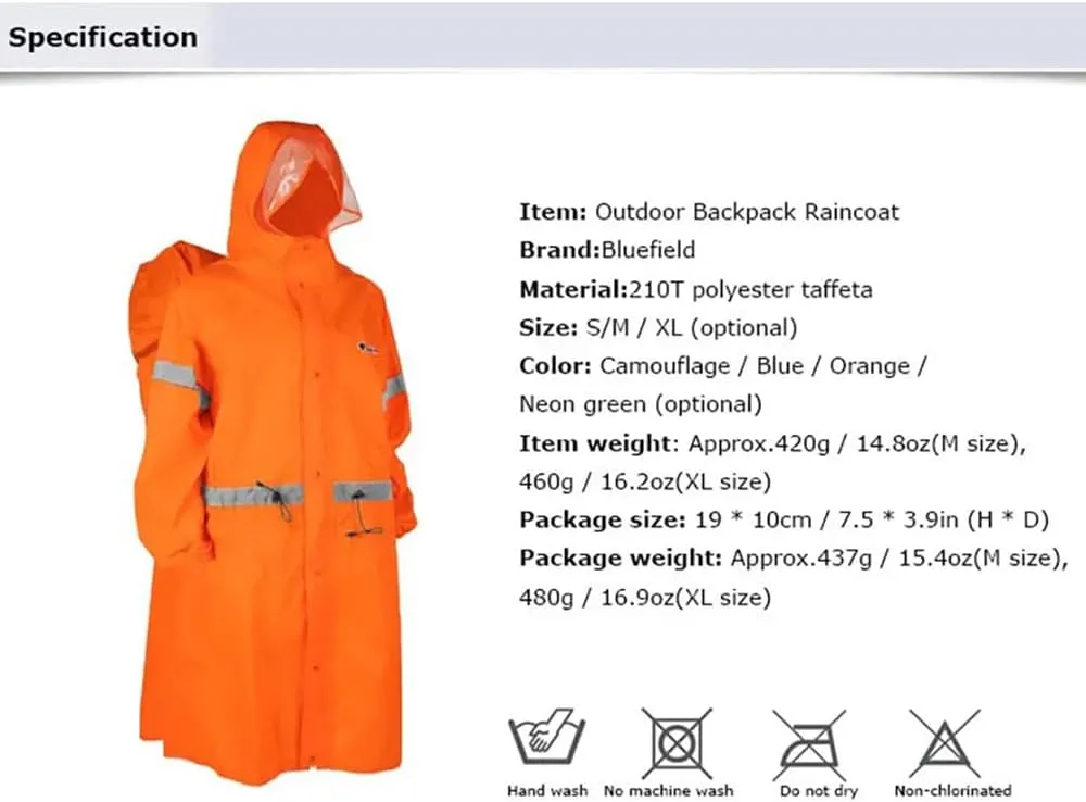 BlueField Unisex Reflective Outdoor Backpack Raincoat Rain Cover One-piece Rain Poncho Cape Jacket for Hiking Camping Cycling
