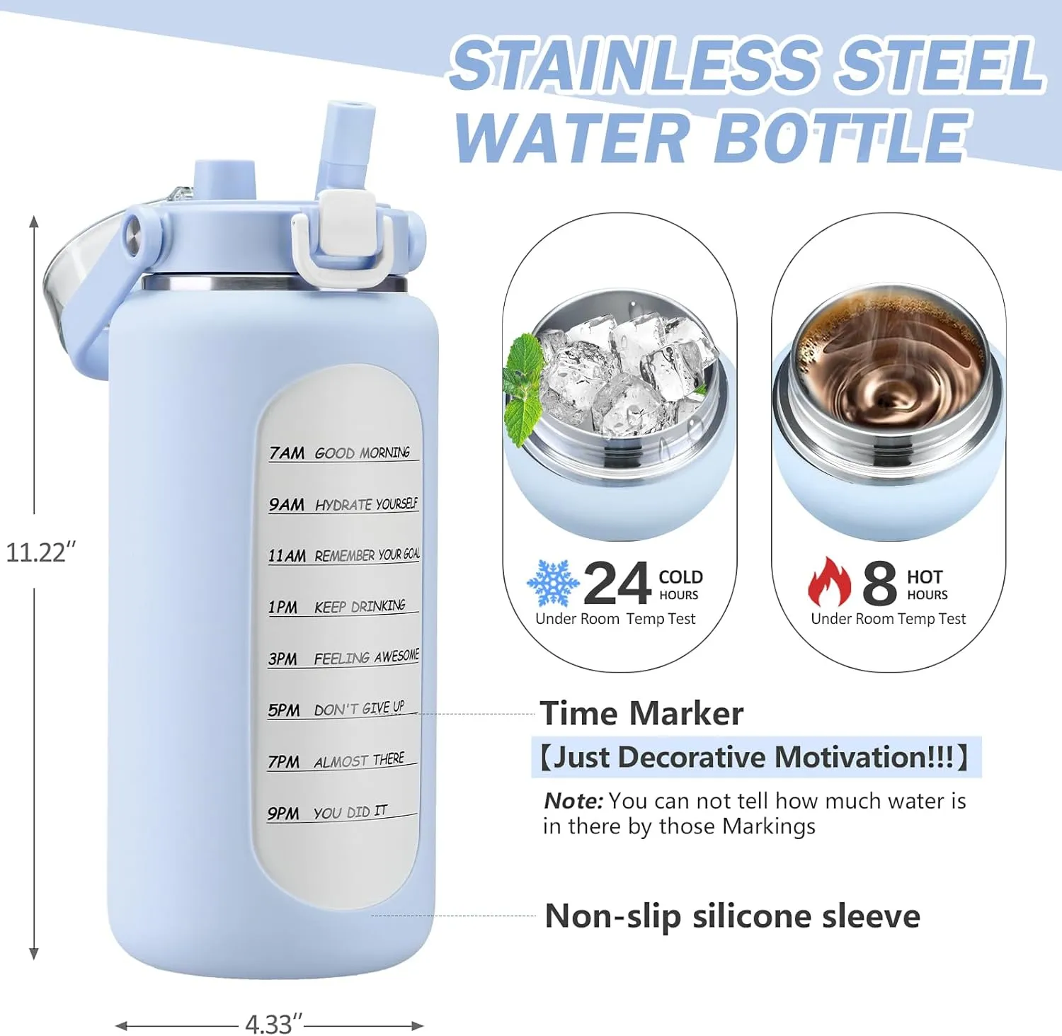 BLUEGO 64oz Insulated Water Bottle with Straw and Handle Leakproof Half Gallon Wide Mouth Motivational Water Bottle, 2-IN-1 Straw Spout Lid Stainless Steel Water Jug for Sport Travel Gym-Light Blue