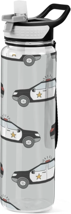 Boccsty Hand Drawn Police Cars Kids Water Bottle with Straw Sports Bottles BPA-Free Tritan Plastic Water Jug for Women Men Gym Outdoors