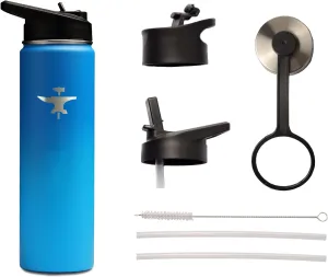 BodyForge Sports Water Bottle - 24oz, 3 Lids & Straw Lid, Leak Proof Stainless Steel Gym & Sport Bottles for Men, Women & Kids - Double Walled, Insulated Thermos, Metal Canteen (Blue/Light Blue)