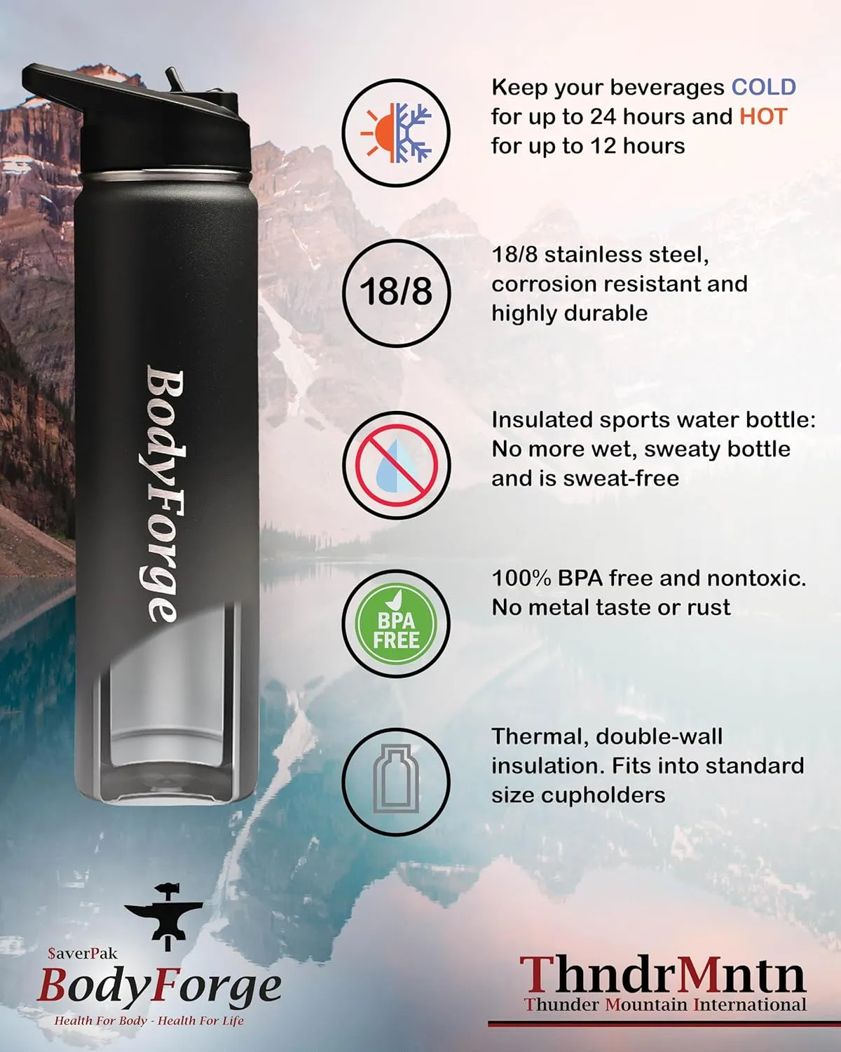 BodyForge Sports Water Bottle - 24oz, 3 Lids & Straw Lid, Leak Proof Stainless Steel Gym & Sport Bottles for Men, Women & Kids - Double Walled, Insulated Thermos, Metal Canteen (Blue/Light Blue)