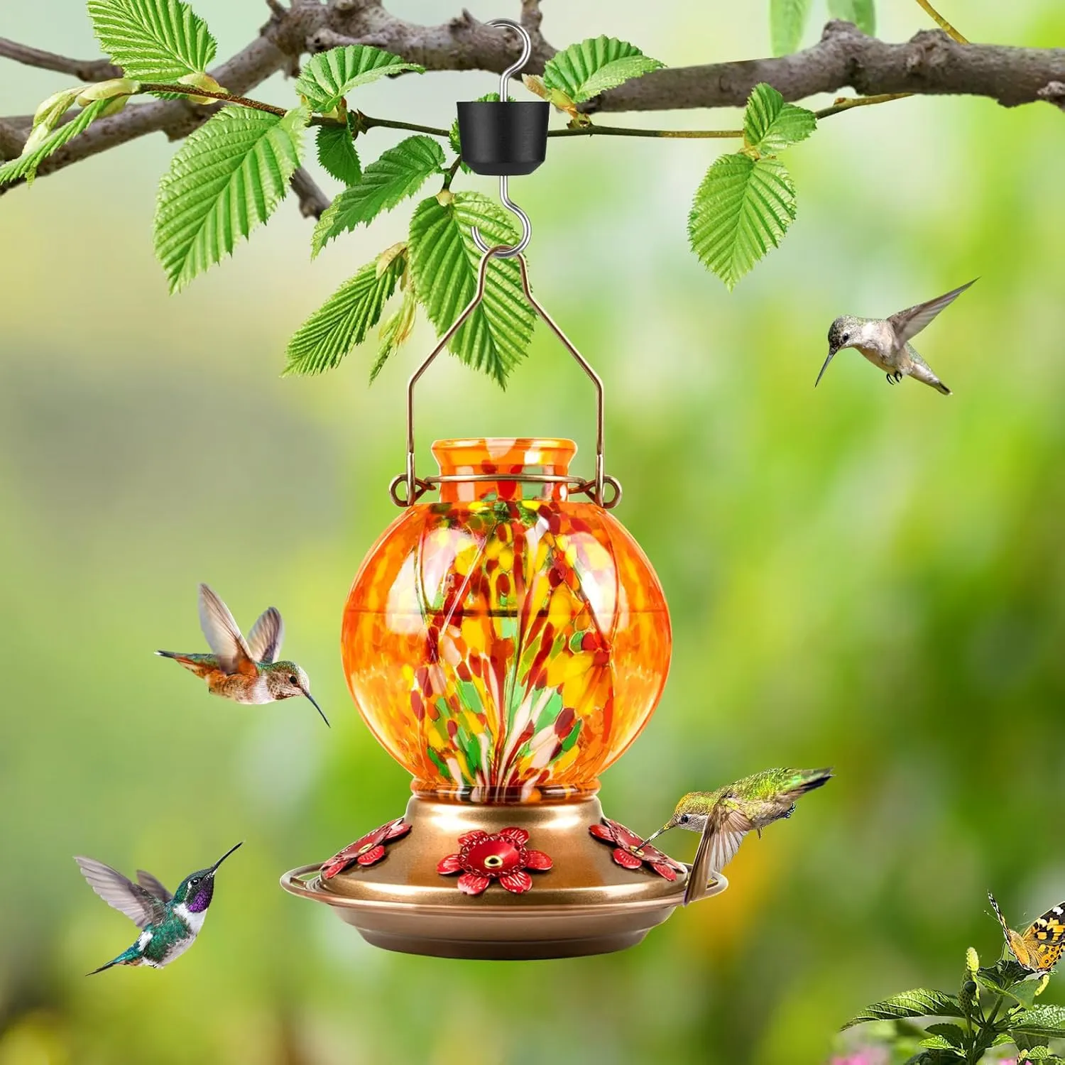 BOLITE Hummingbird Feeder, Hand Blown Glass Hummingbird feeders for Outdoors Hanging, with Ant Moat and 5 Feeding Ports, 20 Ounces, Meshy Texture Ball Shape Bottle, Orange, Gifts for Women Men