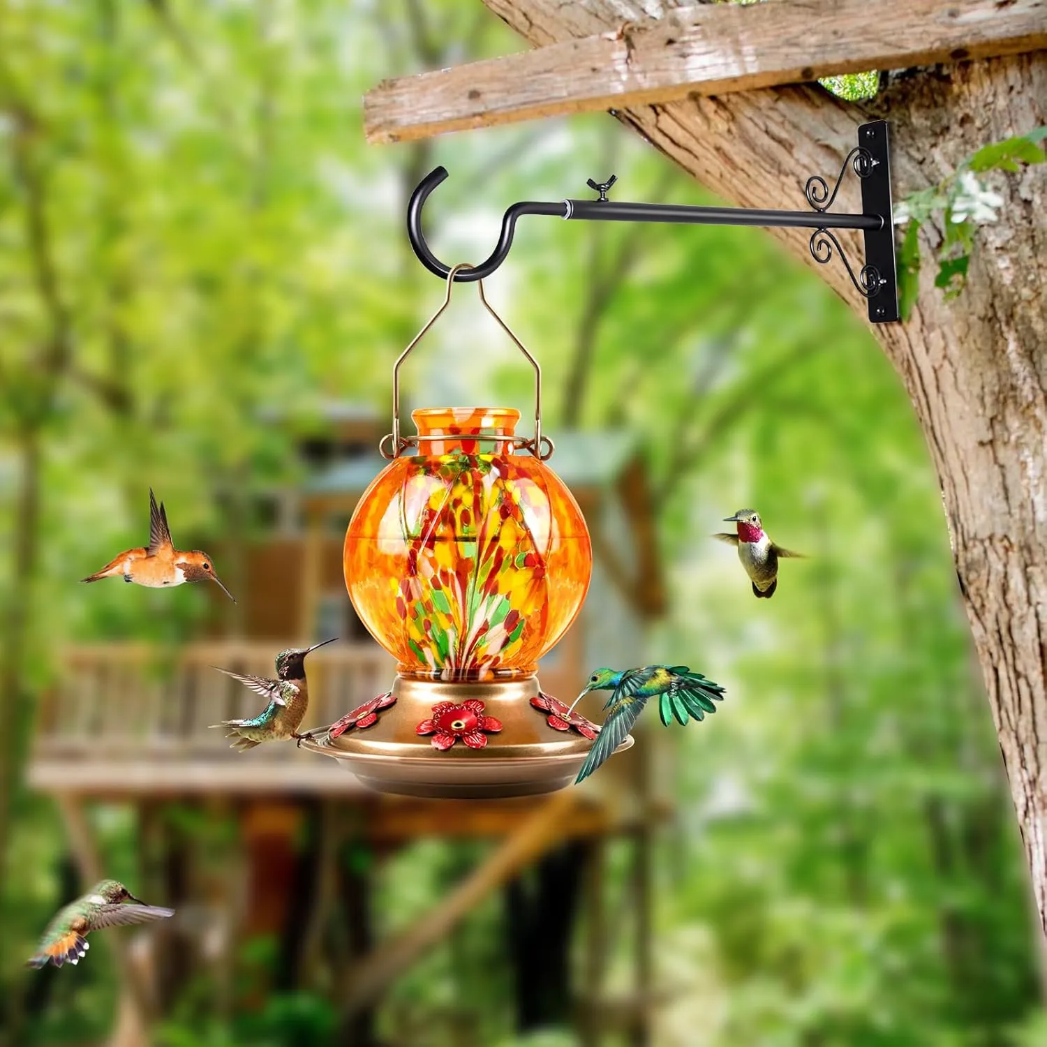 BOLITE Hummingbird Feeder, Hand Blown Glass Hummingbird feeders for Outdoors Hanging, with Ant Moat and 5 Feeding Ports, 20 Ounces, Meshy Texture Ball Shape Bottle, Orange, Gifts for Women Men