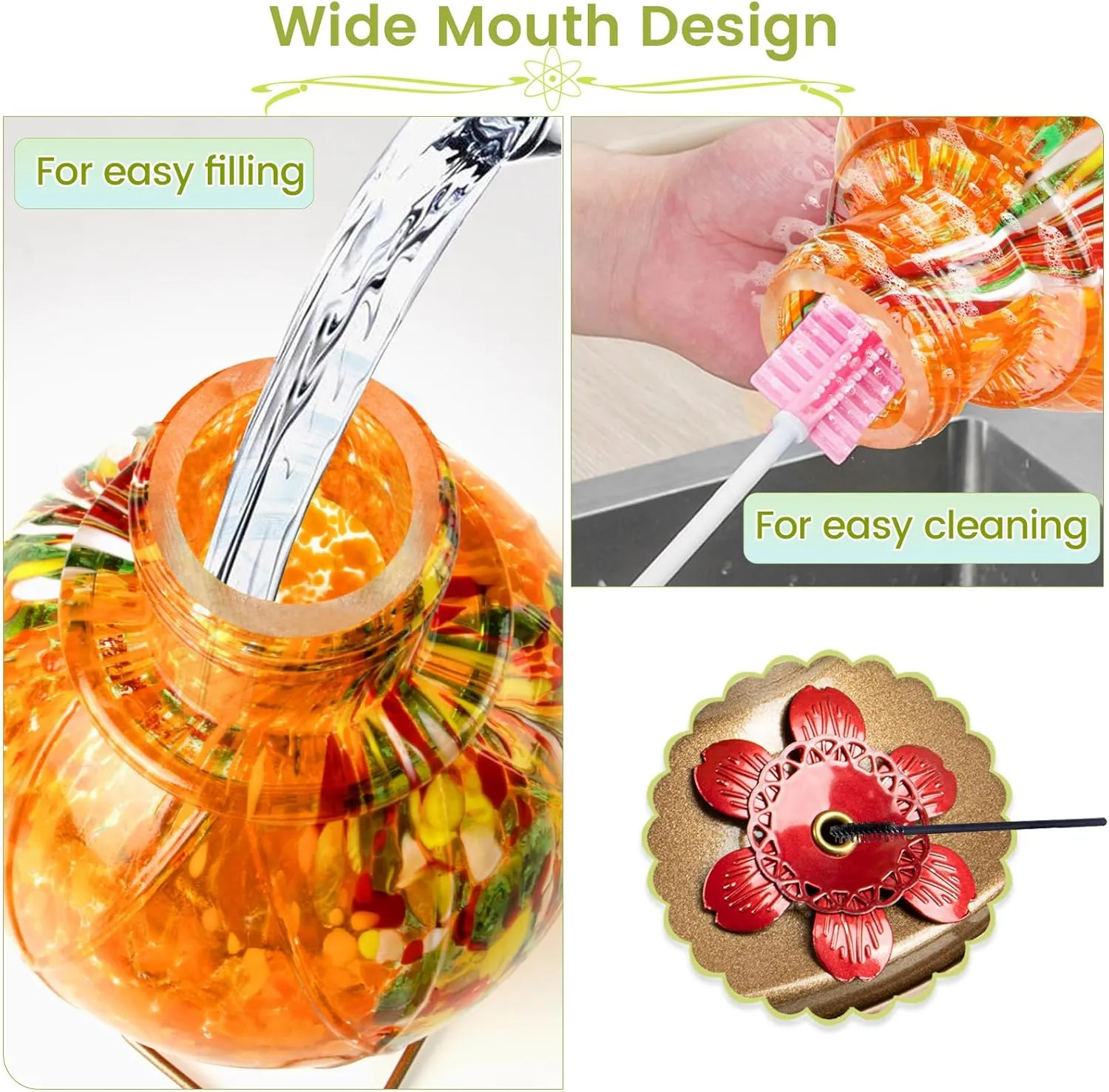 BOLITE Hummingbird Feeder, Hand Blown Glass Hummingbird feeders for Outdoors Hanging, with Ant Moat and 5 Feeding Ports, 20 Ounces, Meshy Texture Ball Shape Bottle, Orange, Gifts for Women Men