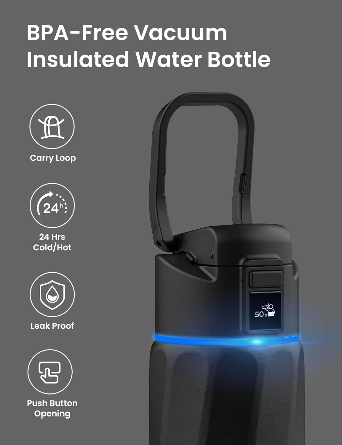 Boost Smart Water Bottle with Reminder to Drink, 24oz BPA-Free Stainless Steel Vacuum Insulated Bottle, Wide Mouth Water Tracker with APP, Ideal for Gift