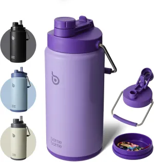 BOTTLE BOTTLE Insulated Water Bottle 64 oz with Straw and Dual-use Lid Half Gallon Water Jug Vacuum Stainless Steel for Workout Sports Insulated Beer Growler with Handle and Pills Holder Purple