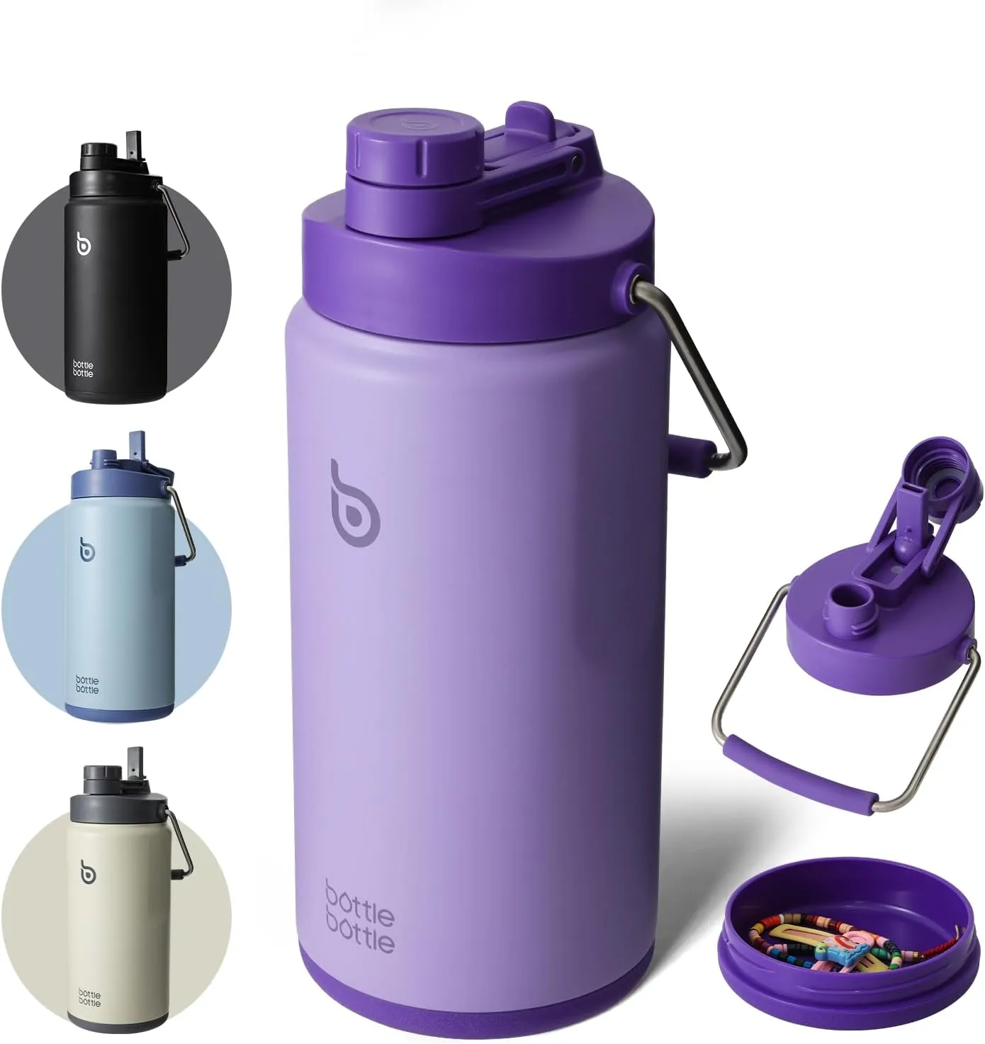BOTTLE BOTTLE Insulated Water Bottle 64 oz with Straw and Dual-use Lid Half Gallon Water Jug Vacuum Stainless Steel for Workout Sports Insulated Beer Growler with Handle and Pills Holder Purple