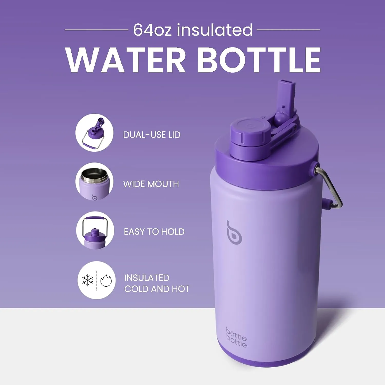 BOTTLE BOTTLE Insulated Water Bottle 64 oz with Straw and Dual-use Lid Half Gallon Water Jug Vacuum Stainless Steel for Workout Sports Insulated Beer Growler with Handle and Pills Holder Purple