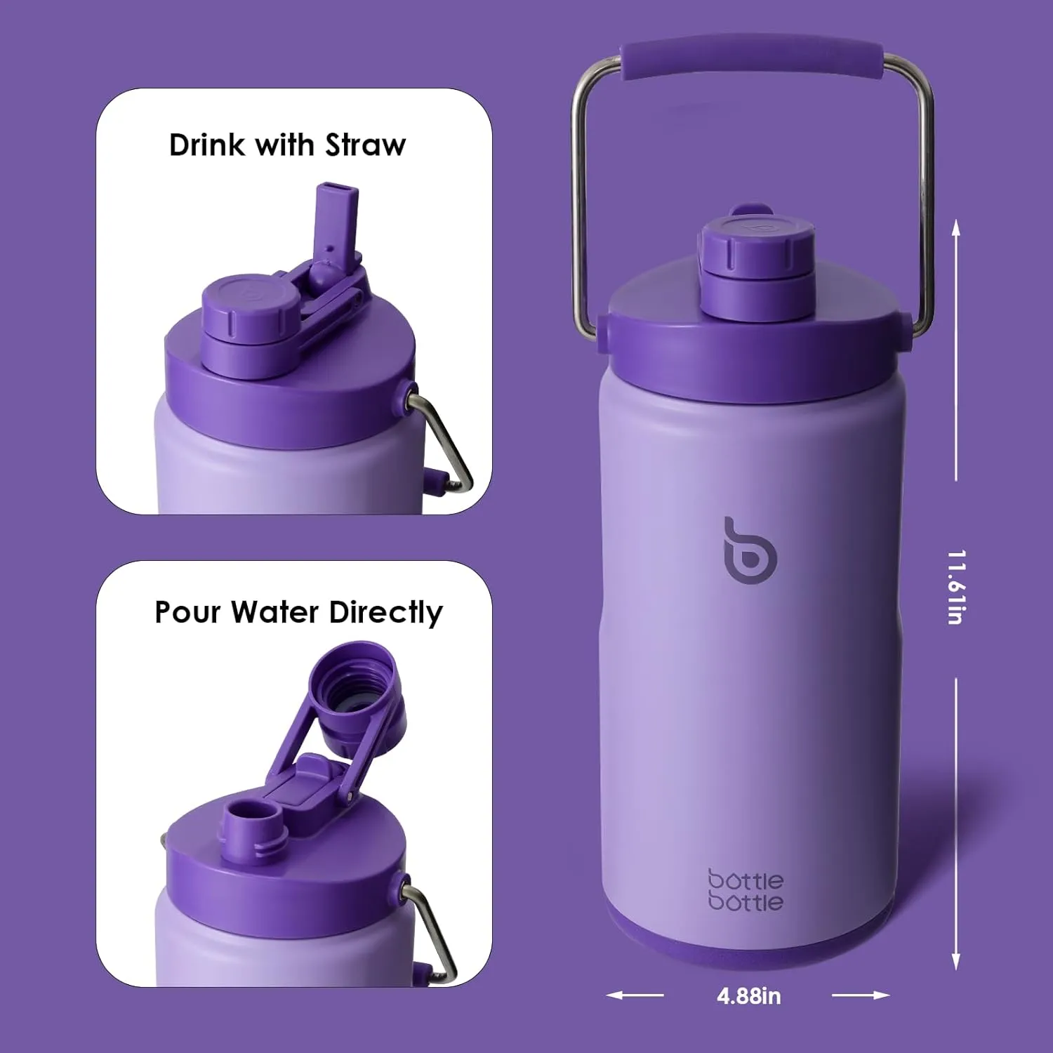 BOTTLE BOTTLE Insulated Water Bottle 64 oz with Straw and Dual-use Lid Half Gallon Water Jug Vacuum Stainless Steel for Workout Sports Insulated Beer Growler with Handle and Pills Holder Purple