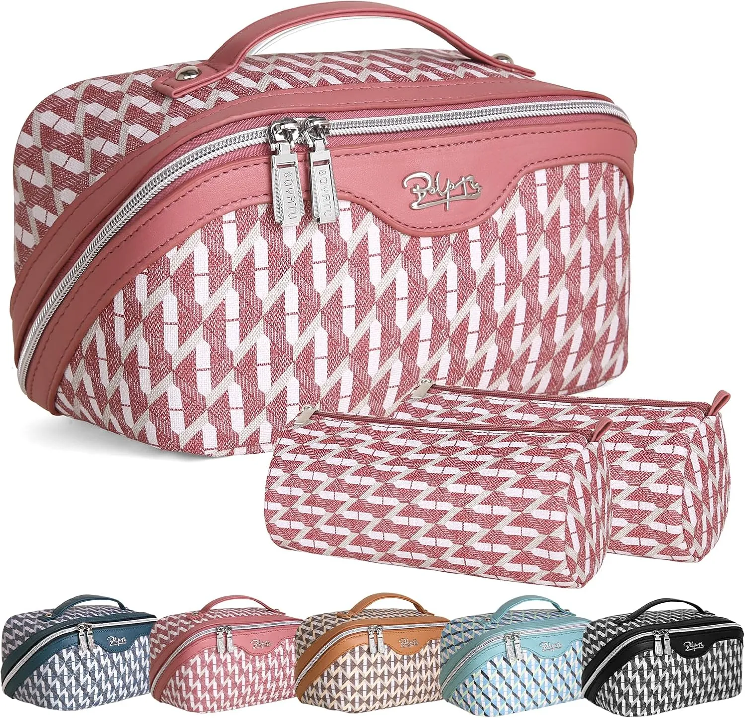 BOYATU Travel Makeup Bags for Women: Large Capacity Cosmetic Bag Set of 3 - Vegan Leather Make up Bags with Compartments - Wide Open Waterproof Toiletry Organizer Bag with Handle (A-03-Red)