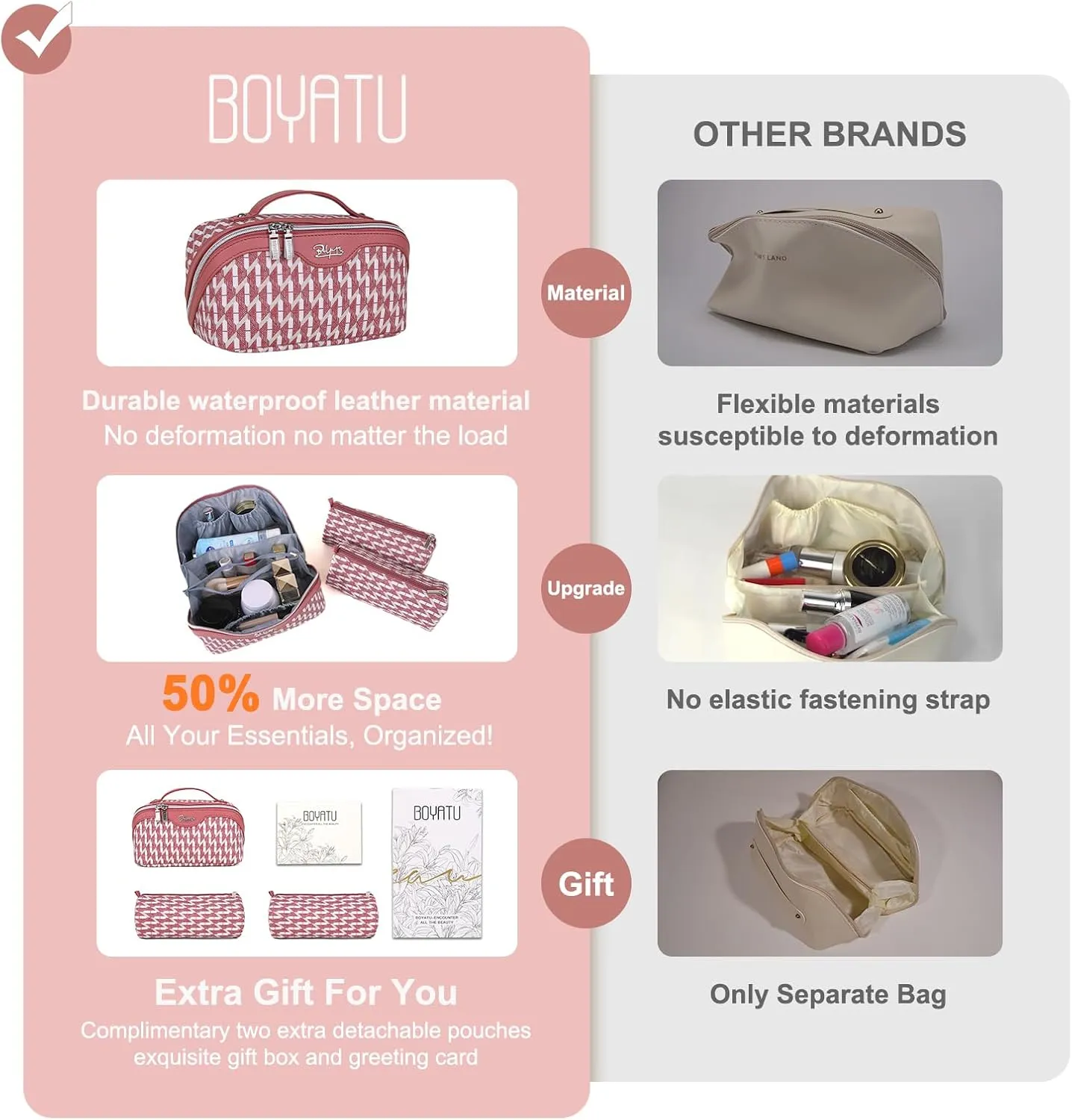 BOYATU Travel Makeup Bags for Women: Large Capacity Cosmetic Bag Set of 3 - Vegan Leather Make up Bags with Compartments - Wide Open Waterproof Toiletry Organizer Bag with Handle (A-03-Red)