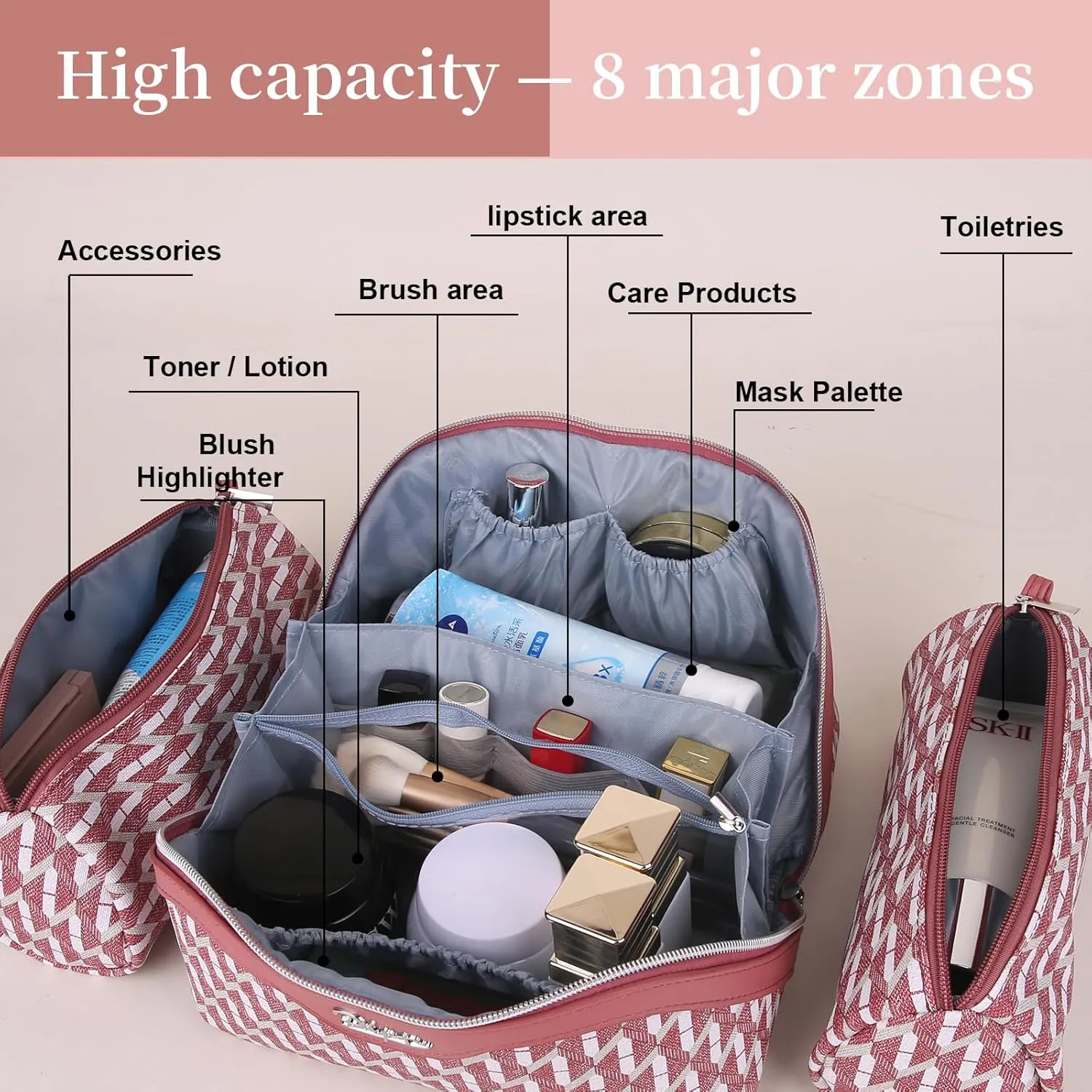 BOYATU Travel Makeup Bags for Women: Large Capacity Cosmetic Bag Set of 3 - Vegan Leather Make up Bags with Compartments - Wide Open Waterproof Toiletry Organizer Bag with Handle (A-03-Red)
