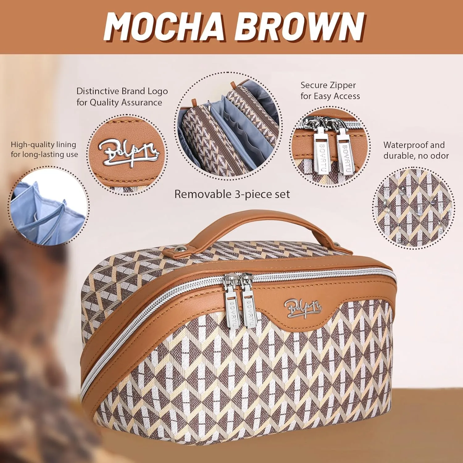 BOYATU Travel Makeup Bags for Women: Large Capacity Cosmetic Bag Set of 3 - Vegan Leather Make up Bags with Compartments - Wide Open Waterproof Toiletry Organizer Bag with Handle (A-05-Brown)