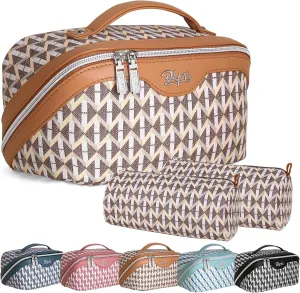 BOYATU Travel Makeup Bags for Women: Large Capacity Cosmetic Bag Set of 3 - Vegan Leather Make up Bags with Compartments - Wide Open Waterproof Toiletry Organizer Bag with Handle (A-05-Brown)