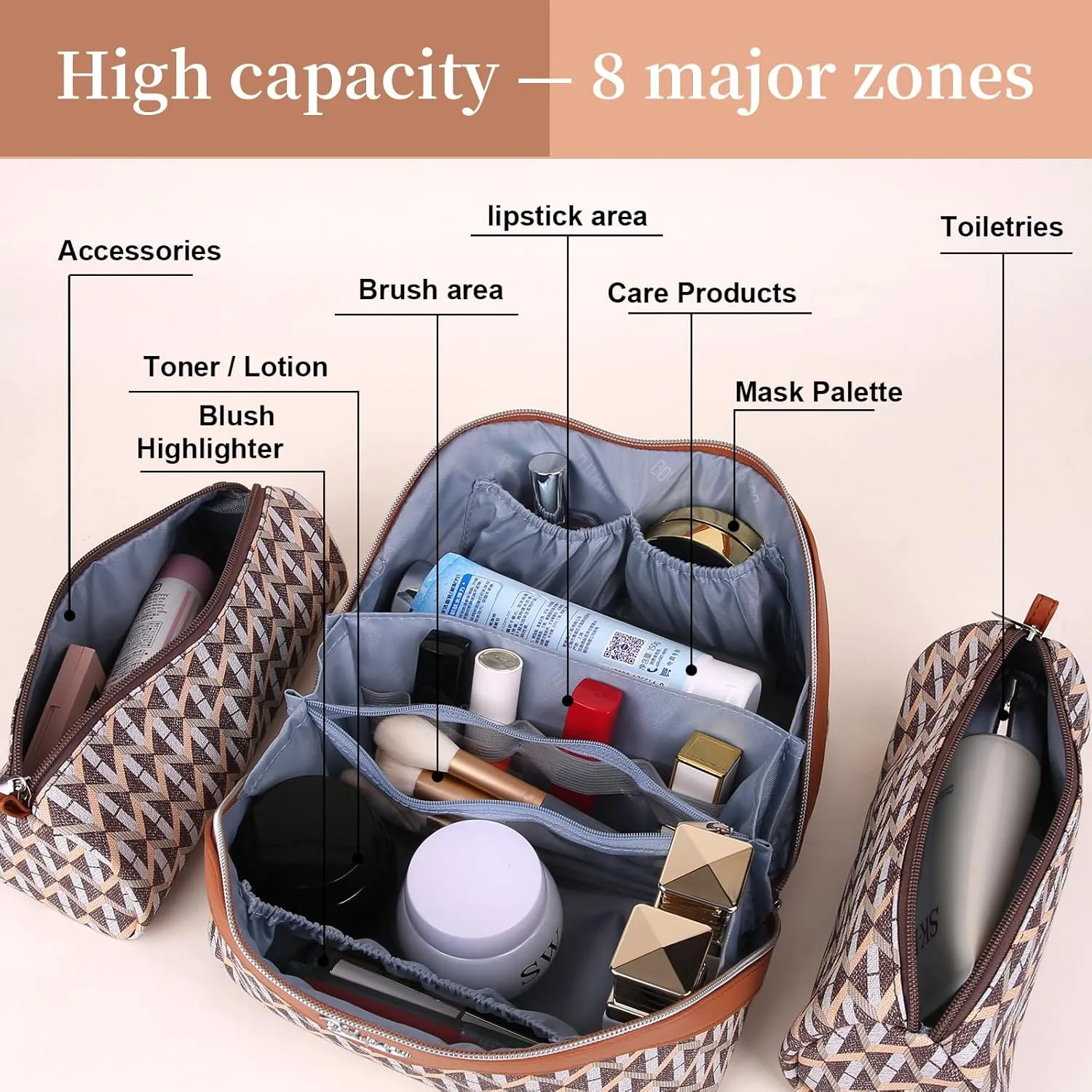 BOYATU Travel Makeup Bags for Women: Large Capacity Cosmetic Bag Set of 3 - Vegan Leather Make up Bags with Compartments - Wide Open Waterproof Toiletry Organizer Bag with Handle (A-05-Brown)
