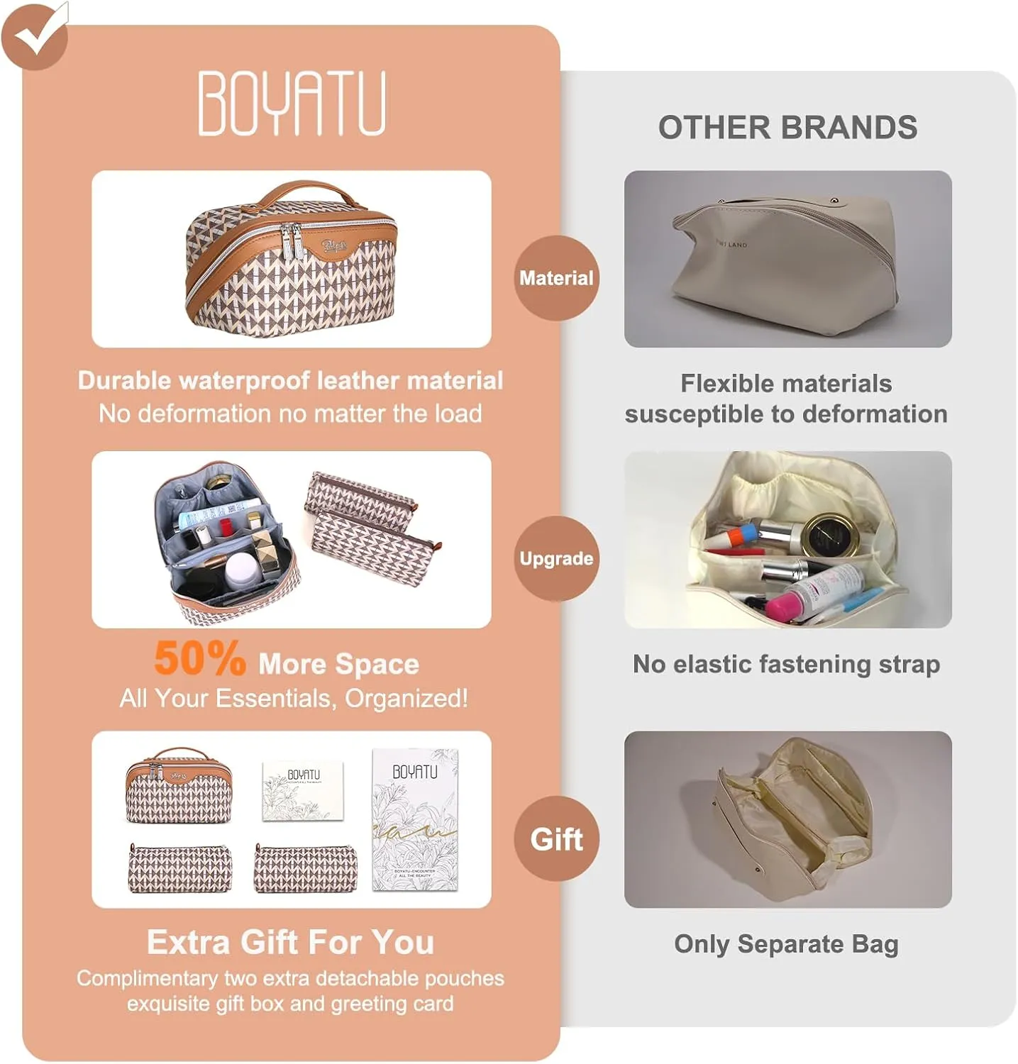 BOYATU Travel Makeup Bags for Women: Large Capacity Cosmetic Bag Set of 3 - Vegan Leather Make up Bags with Compartments - Wide Open Waterproof Toiletry Organizer Bag with Handle (A-05-Brown)