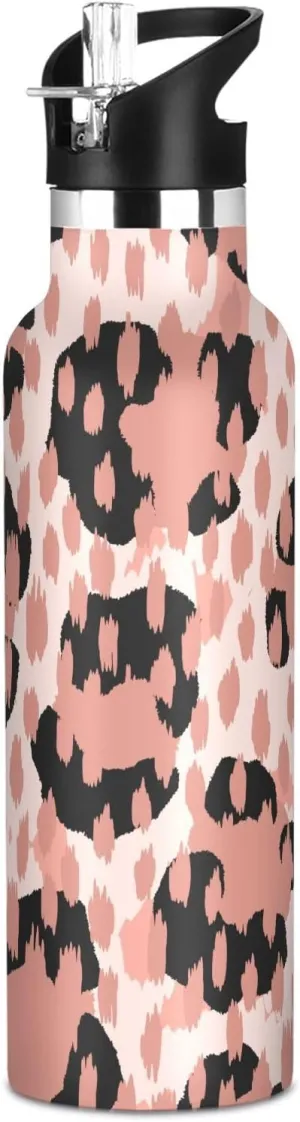 Boys Water Bottle with Straw Reusable Tumbler for Toddlers 20oz Kids Insulated Cups Leak Proof Double Wall 304 Stainless Steel Water Flask School Bottle,Abstract Leopard Print Pink
