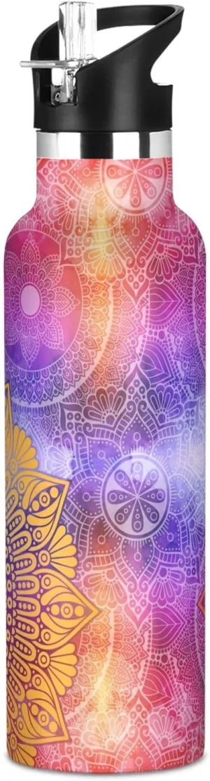 Boys Water Bottle with Straw Reusable Tumbler for Toddlers 20oz Kids Insulated Cups Leak Proof Double Wall 304 Stainless Steel Water Flask School Bottle,Galaxy Mandala Pattern