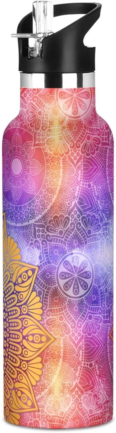 Boys Water Bottle with Straw Reusable Tumbler for Toddlers 20oz Kids Insulated Cups Leak Proof Double Wall 304 Stainless Steel Water Flask School Bottle,Galaxy Mandala Pattern
